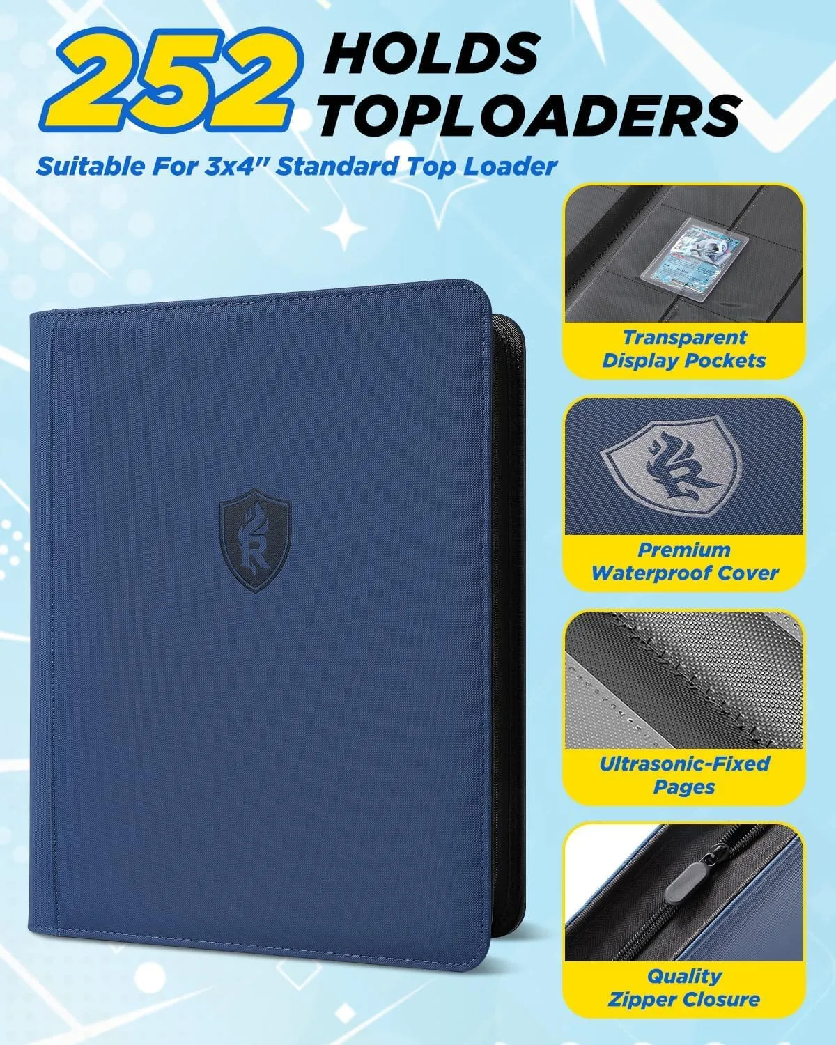 9 Pocket Top Loader Binder-Trading Card Binder with Zipper Double-Sided Premium 252 Toploaders for TCG, MTG, Sport Cards