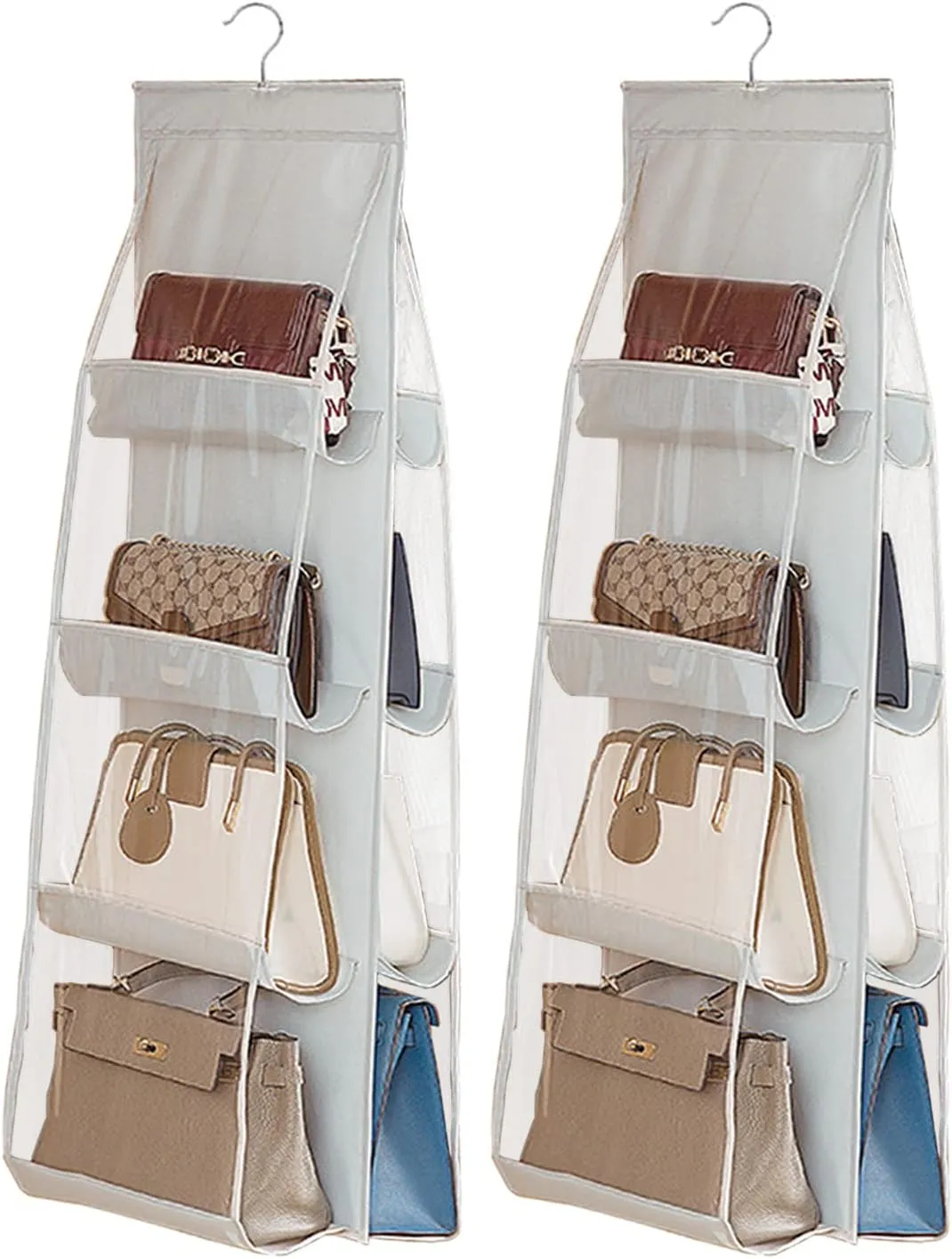 AARAINBOW 2 Packs Hanging Handbag Purse Organizer for Closet, 8 Pockets Space Saving Purse Storage Organizers, Wardrobe Bag Organizer Pocketbook Organizer, 45.7 L x 14.1W (2 Light Gray)