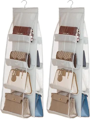 AARAINBOW 2 Packs Hanging Handbag Purse Organizer for Closet, 8 Pockets Space Saving Purse Storage Organizers, Wardrobe Bag Organizer Pocketbook Organizer, 45.7 L x 14.1W (2 Light Gray)