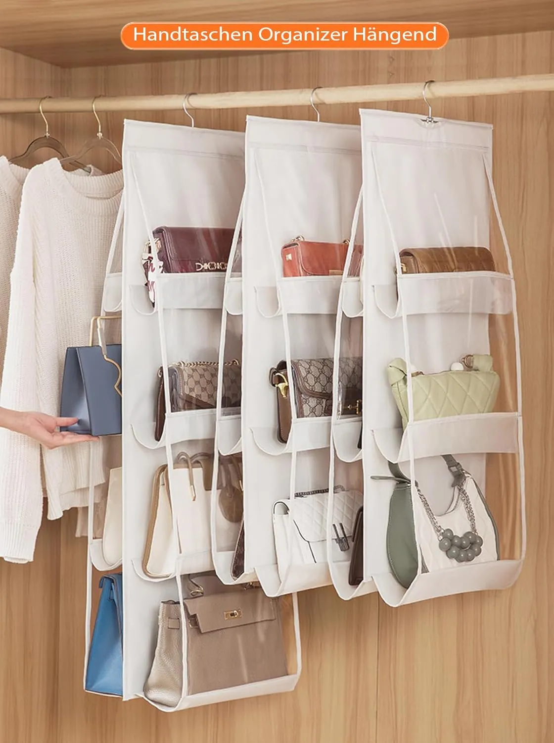 AARAINBOW 2 Packs Hanging Handbag Purse Organizer for Closet, 8 Pockets Space Saving Purse Storage Organizers, Wardrobe Bag Organizer Pocketbook Organizer, 45.7 L x 14.1W (2 Light Gray)