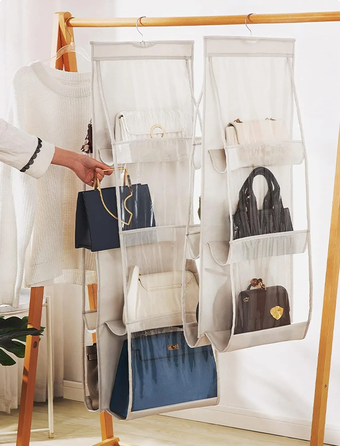 AARAINBOW 2 Packs Hanging Handbag Purse Organizer for Closet, 8 Pockets Space Saving Purse Storage Organizers, Wardrobe Bag Organizer Pocketbook Organizer, 45.7 L x 14.1W (2 Light Gray)