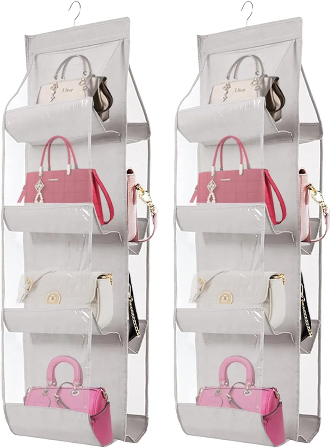 AARAINBOW 2 Packs Hanging Handbag Purse Organizer for Closet, Womens Purse Storage Bag, 8 Pockets Wardrobe Space Saving Purse Holder, Wardrobe Handbag Organizer, 41L*13.5W (B, 2 Gray)
