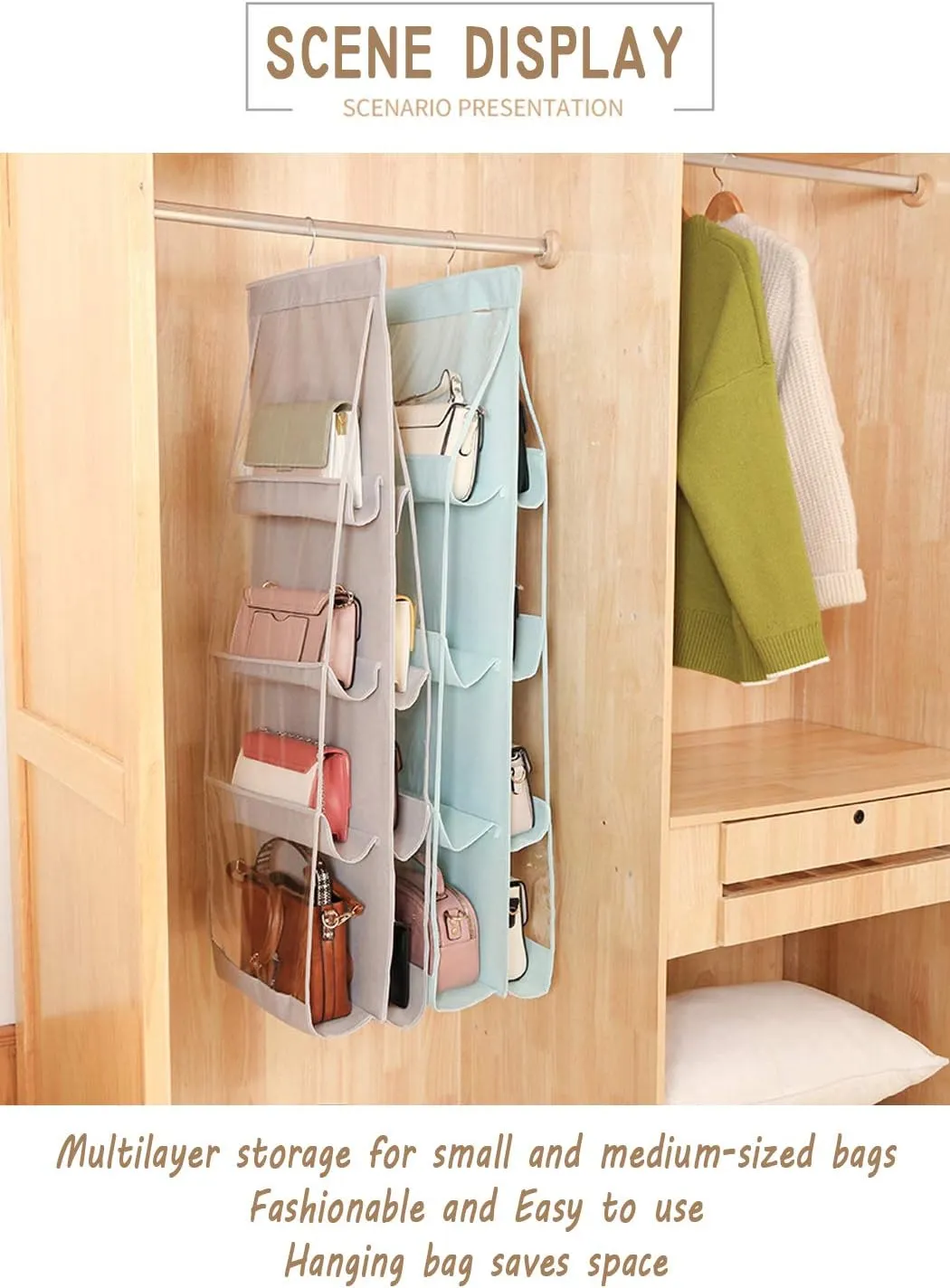 AARAINBOW 2 Packs Hanging Handbag Purse Organizer for Closet, Womens Purse Storage Bag, 8 Pockets Wardrobe Space Saving Purse Holder, Wardrobe Handbag Organizer, 41L*13.5W (B, 2 Gray)