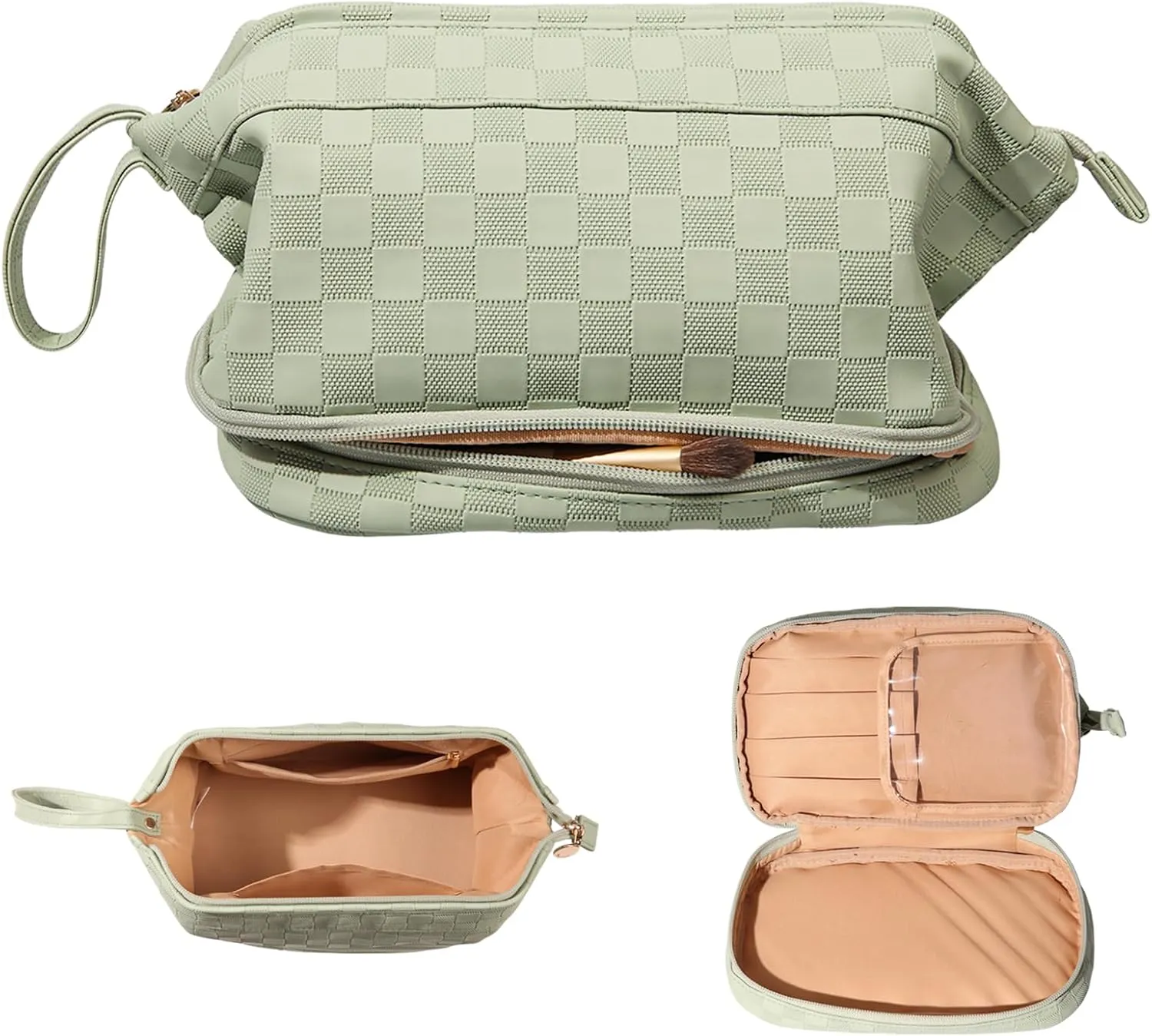 Abiudeng Large Capacity Makeup Bag Ladies Cosmetic Bag Travel Bag with Compartments Portable PU Leather Travel Makeup Bag with Handle