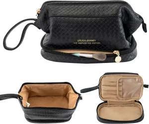 Abiudeng Large Capacity Makeup Bag Ladies Cosmetic Bag Travel Bag with Compartments Portable PU Leather Travel Makeup Bag with Handle