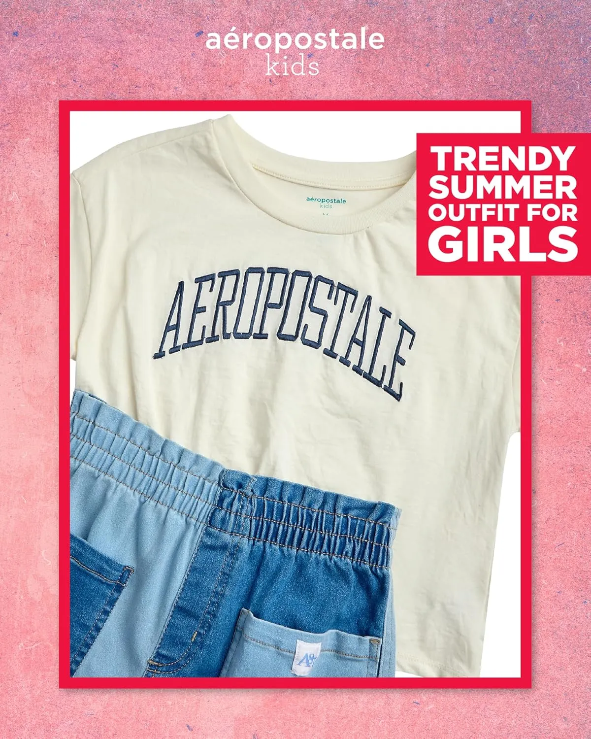AEROPOSTALE Girls Shorts Set - 2 Piece Short Sleeve Graphic Tee and Paperbag Twill or Denim Shorts Outfits for Girls (7-12)