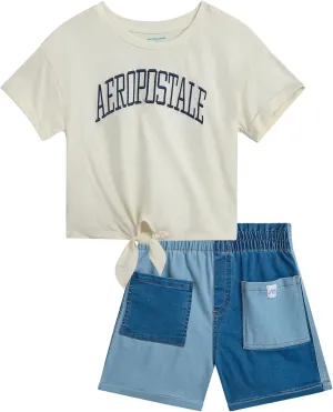 AEROPOSTALE Girls Shorts Set - 2 Piece Short Sleeve Graphic Tee and Paperbag Twill or Denim Shorts Outfits for Girls (7-12)
