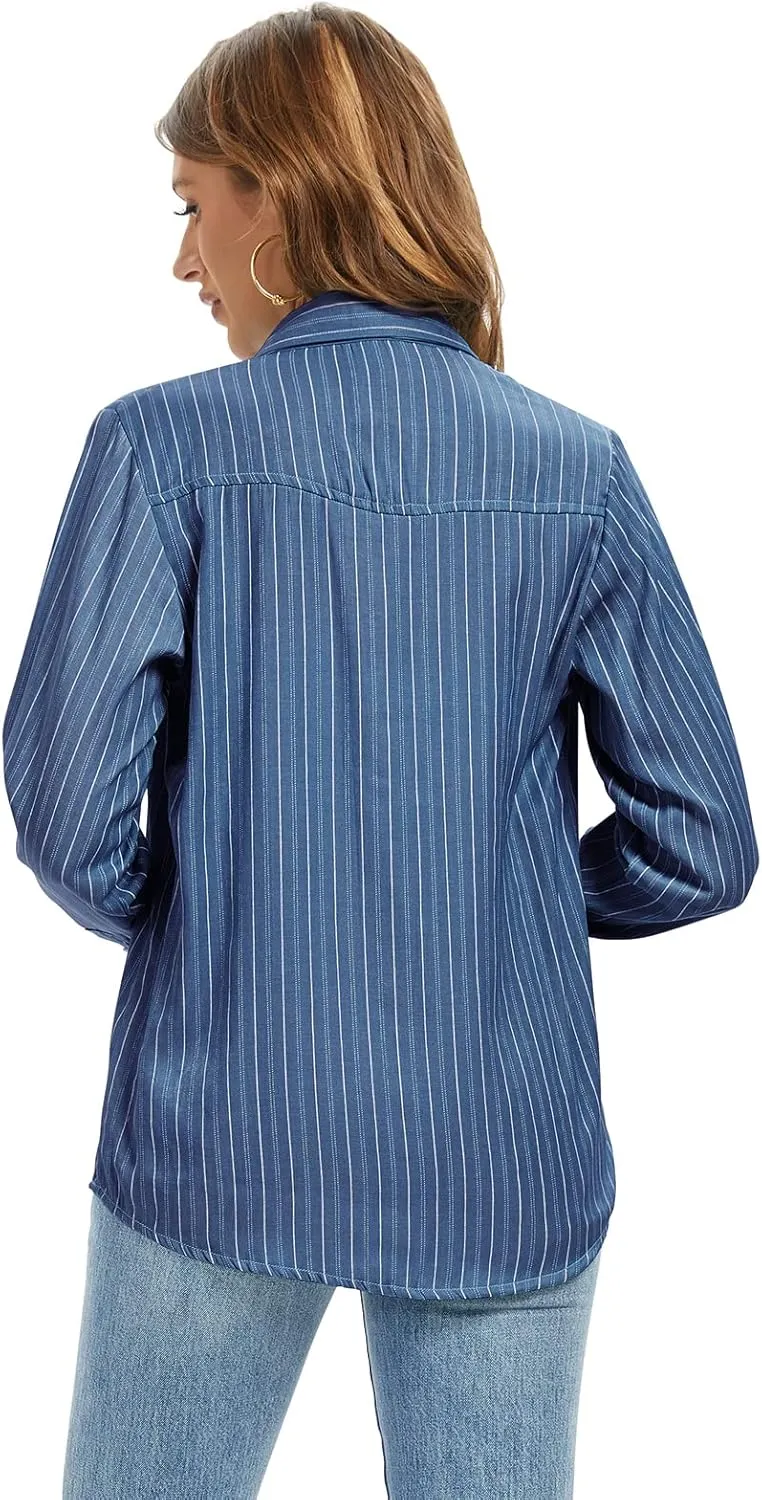 Aeslech Women's Chambray Button Down Shirt Long Sleeve Cotton Blouse Lightweight Denim Tops