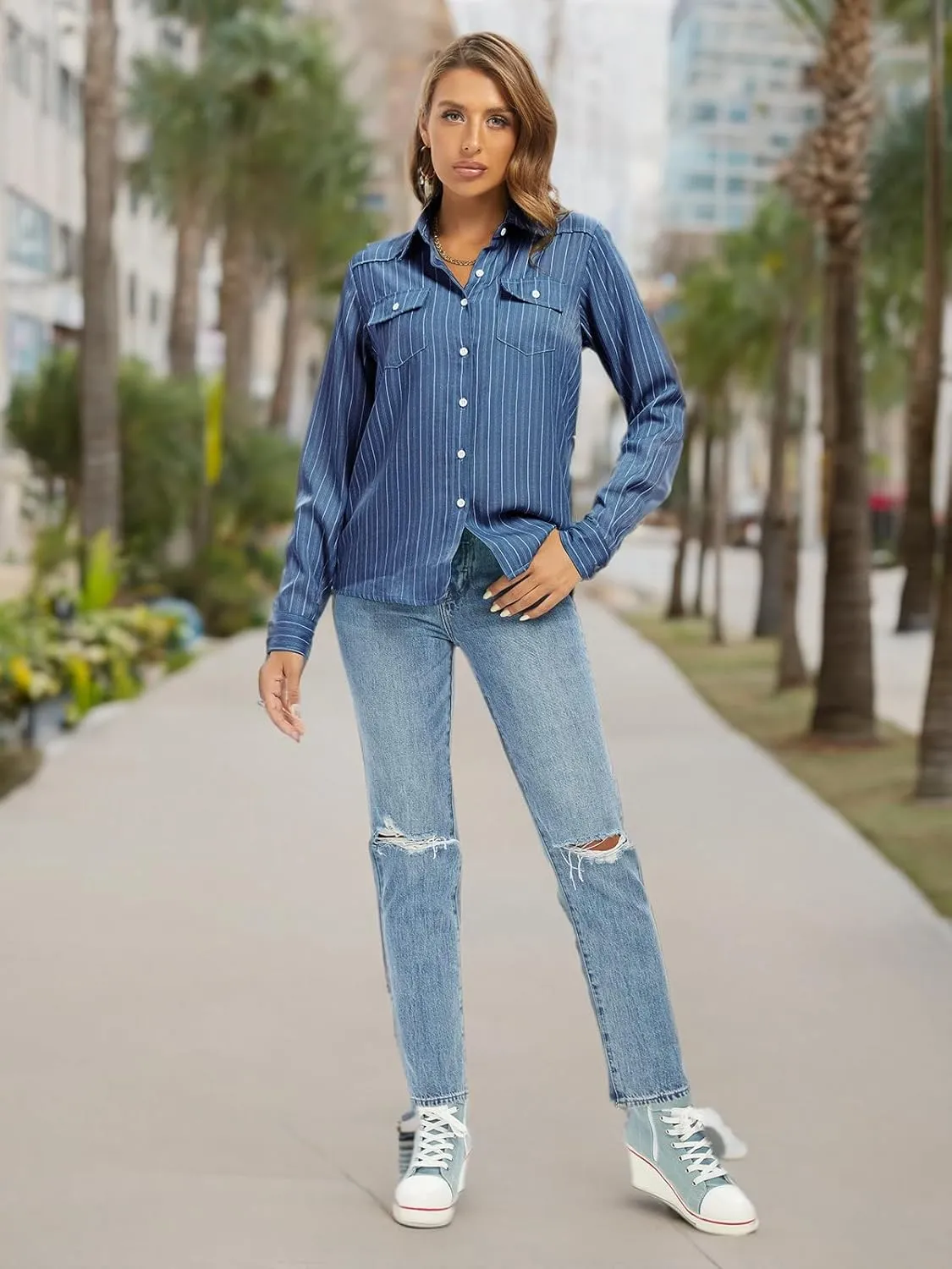 Aeslech Women's Chambray Button Down Shirt Long Sleeve Cotton Blouse Lightweight Denim Tops