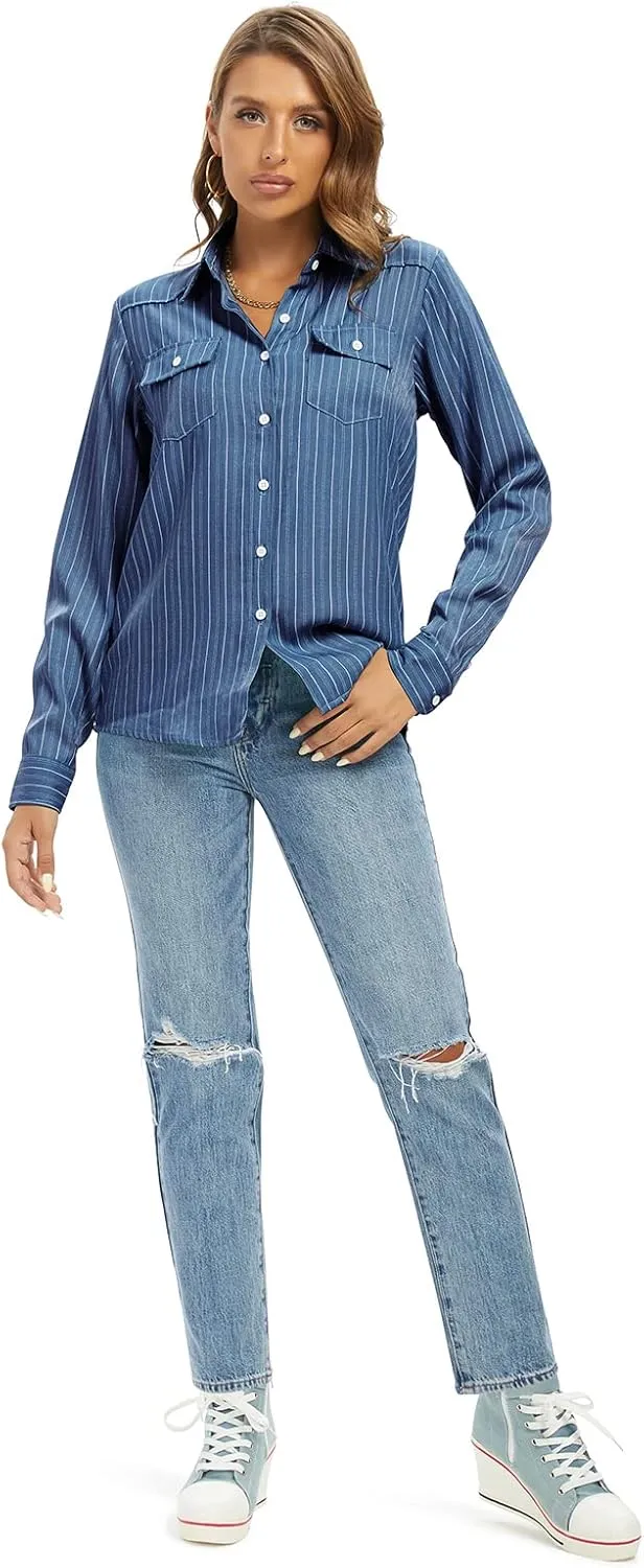 Aeslech Women's Chambray Button Down Shirt Long Sleeve Cotton Blouse Lightweight Denim Tops