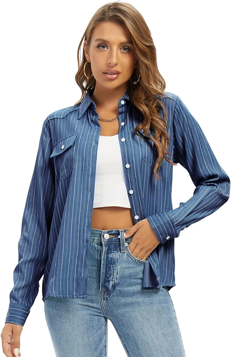 Aeslech Women's Chambray Button Down Shirt Long Sleeve Cotton Blouse Lightweight Denim Tops