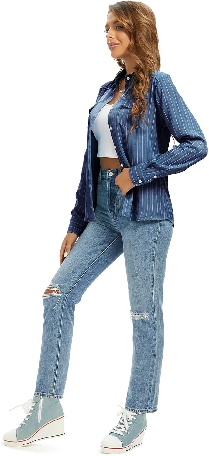 Aeslech Women's Chambray Button Down Shirt Long Sleeve Cotton Blouse Lightweight Denim Tops