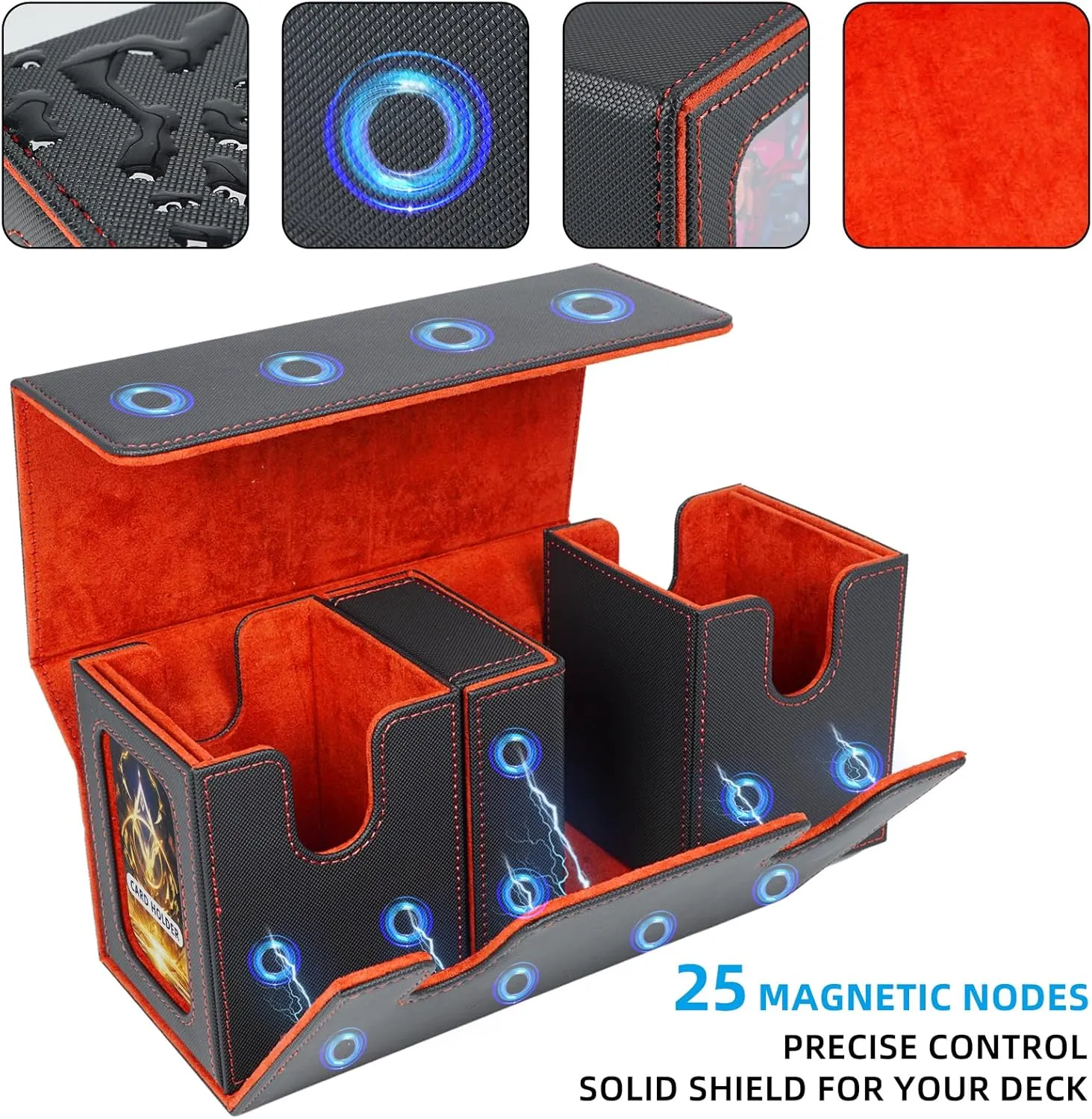AFIING Mtg deck box with commander display- Fits 200 Double Sleeved Cards,3-in-1Card Deck Case,Strong Magnet Card Organizer For Magic Commander TCG CCG,4Dividers &2 Toploaders, Black/Red