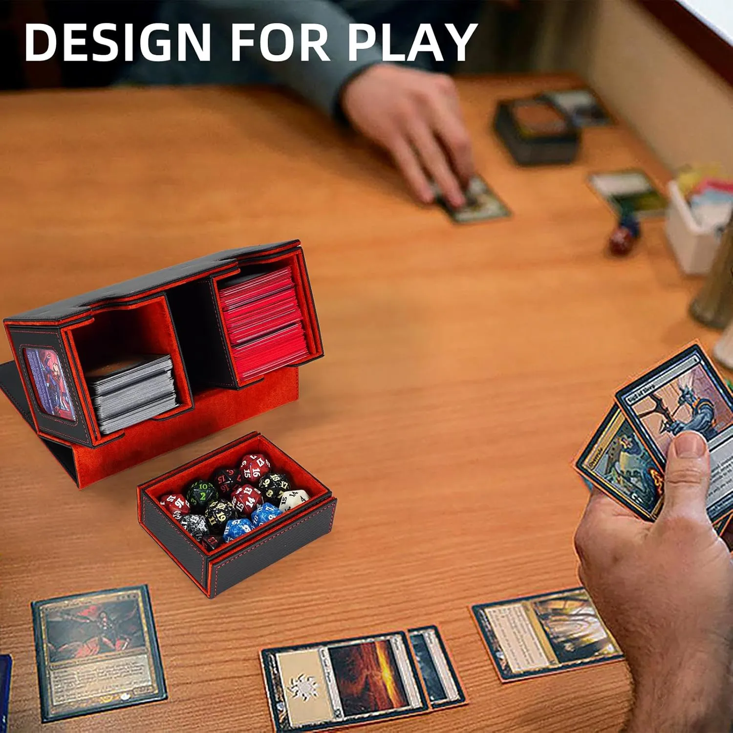 AFIING Mtg deck box with commander display- Fits 200 Double Sleeved Cards,3-in-1Card Deck Case,Strong Magnet Card Organizer For Magic Commander TCG CCG,4Dividers &2 Toploaders, Black/Red