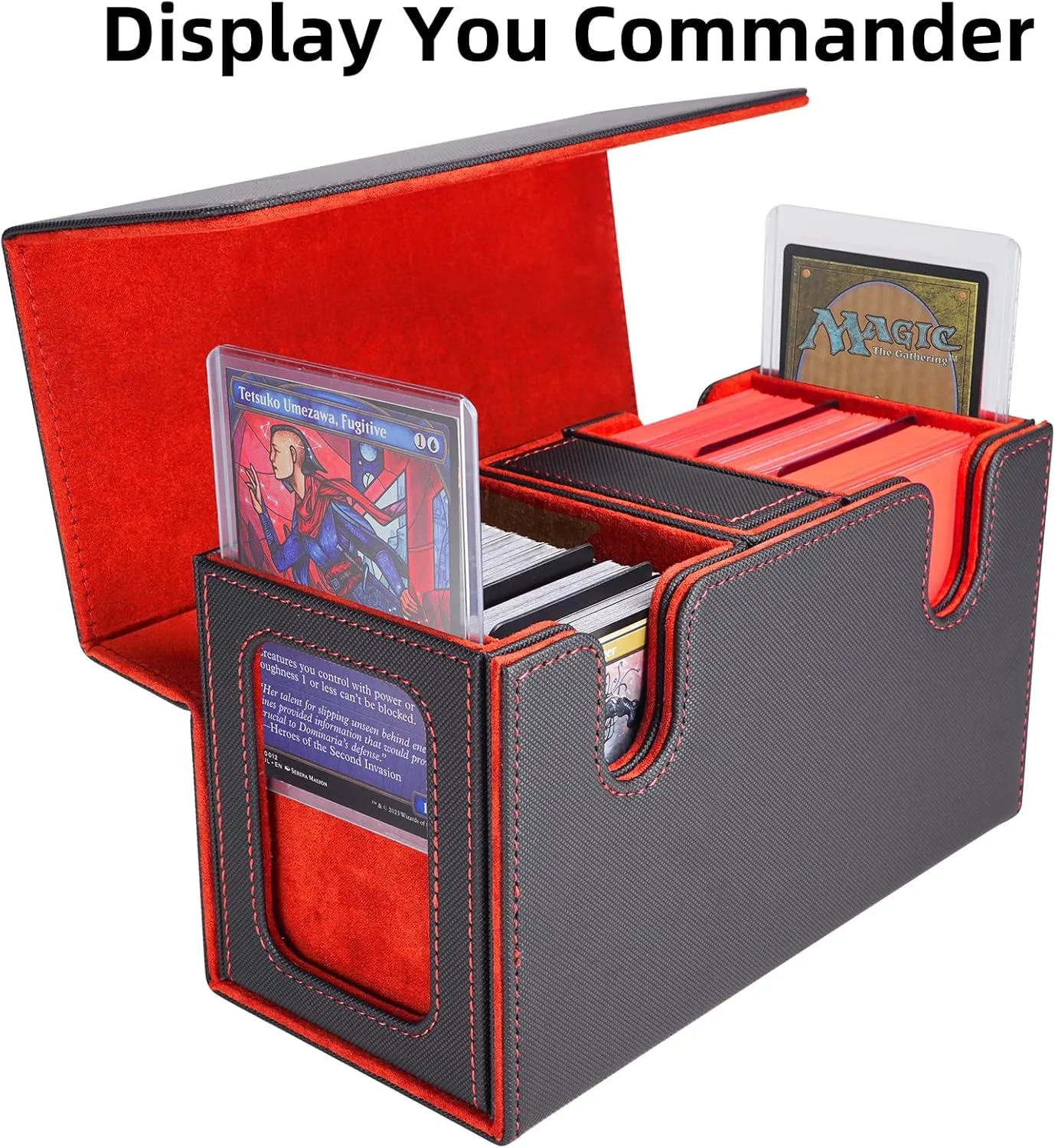 AFIING Mtg deck box with commander display- Fits 200 Double Sleeved Cards,3-in-1Card Deck Case,Strong Magnet Card Organizer For Magic Commander TCG CCG,4Dividers &2 Toploaders, Black/Red