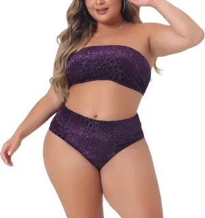 Agnes Orinda Plus Size 2 Piece Bandeau Bikini for Women Velvet Leopard Swimsuit High Waisted Bathing Suits