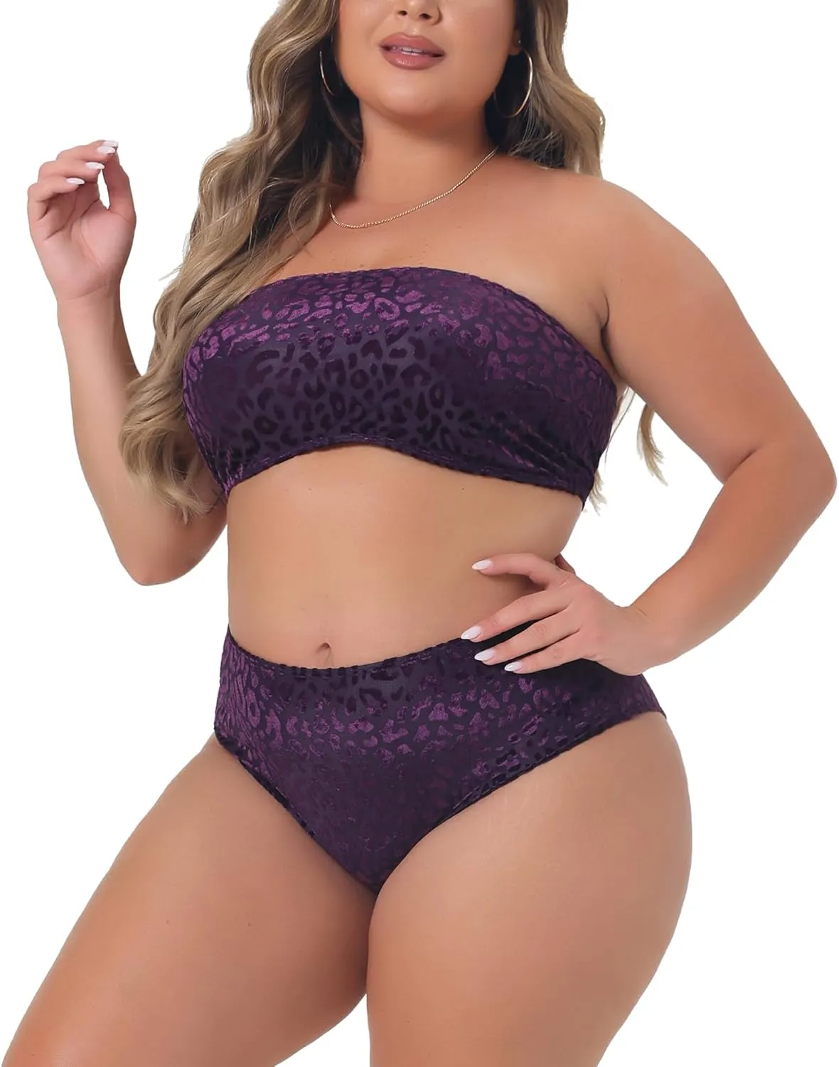 Agnes Orinda Plus Size 2 Piece Bandeau Bikini for Women Velvet Leopard Swimsuit High Waisted Bathing Suits
