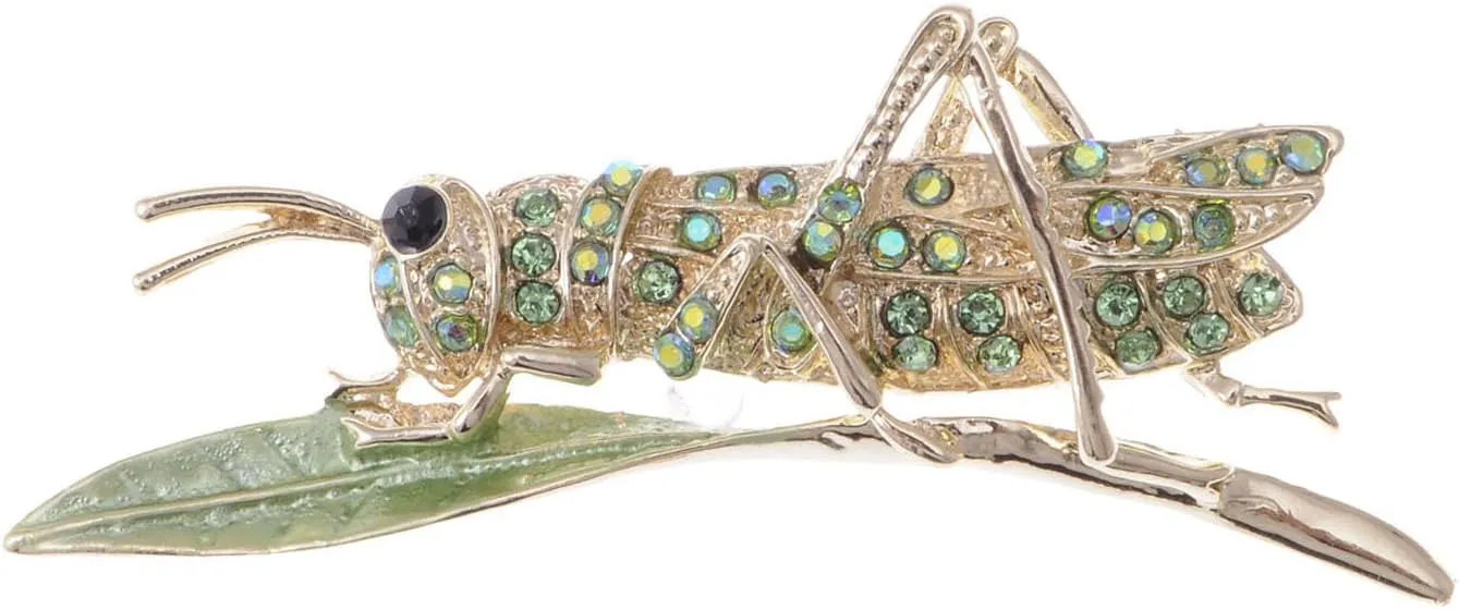 Alilang Synthetic Peridot Green Rhinestone Crystal Insect Grasshopper Locust Leaf Big Pin Brooch