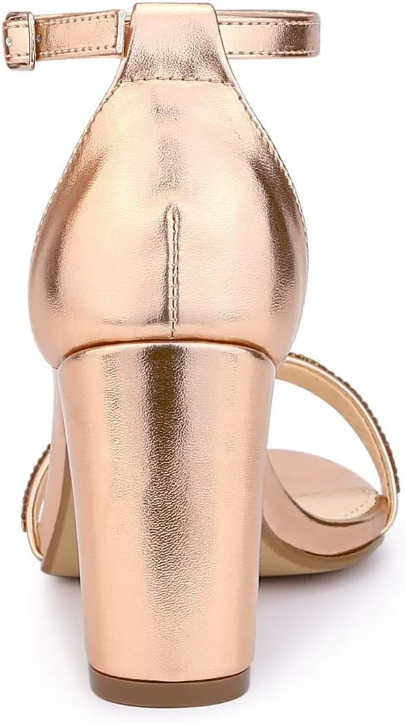 Allegra K Women's Rhinestone Ankle Strap Chunky Heels Sandals