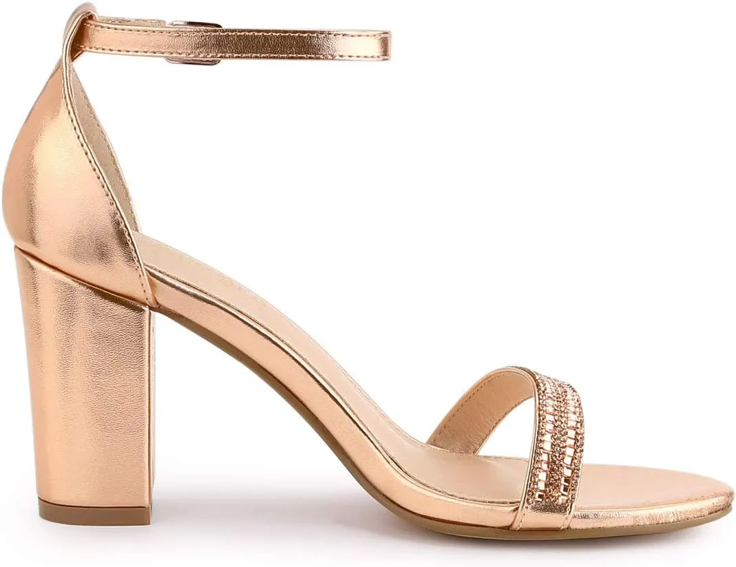 Allegra K Women's Rhinestone Ankle Strap Chunky Heels Sandals