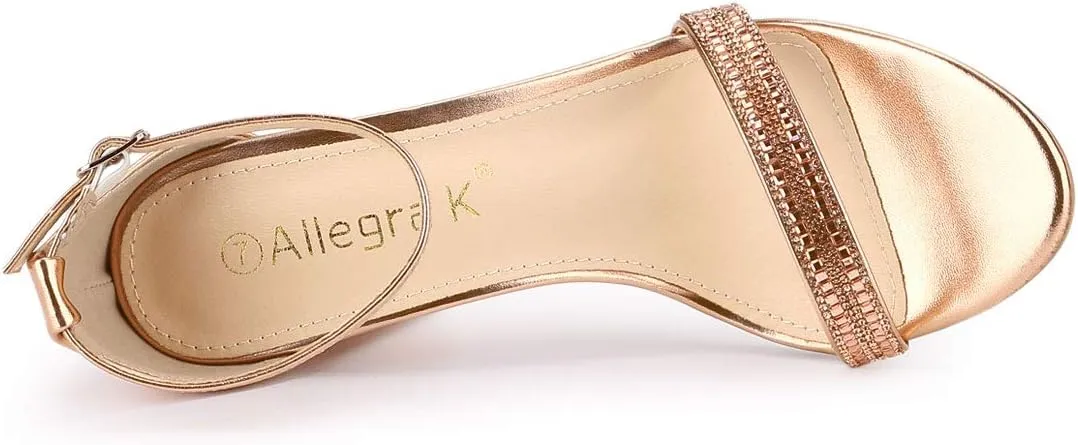 Allegra K Women's Rhinestone Ankle Strap Chunky Heels Sandals