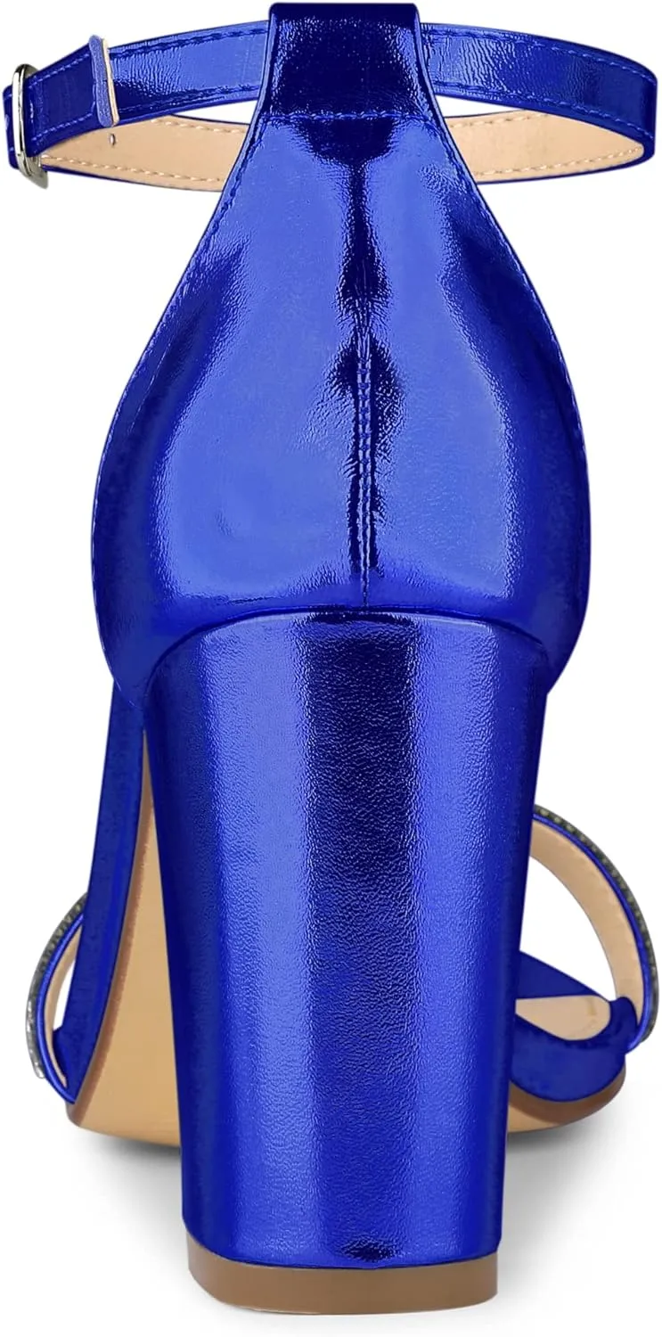 Allegra K Women's Rhinestone Ankle Strap Chunky Heels Sandals