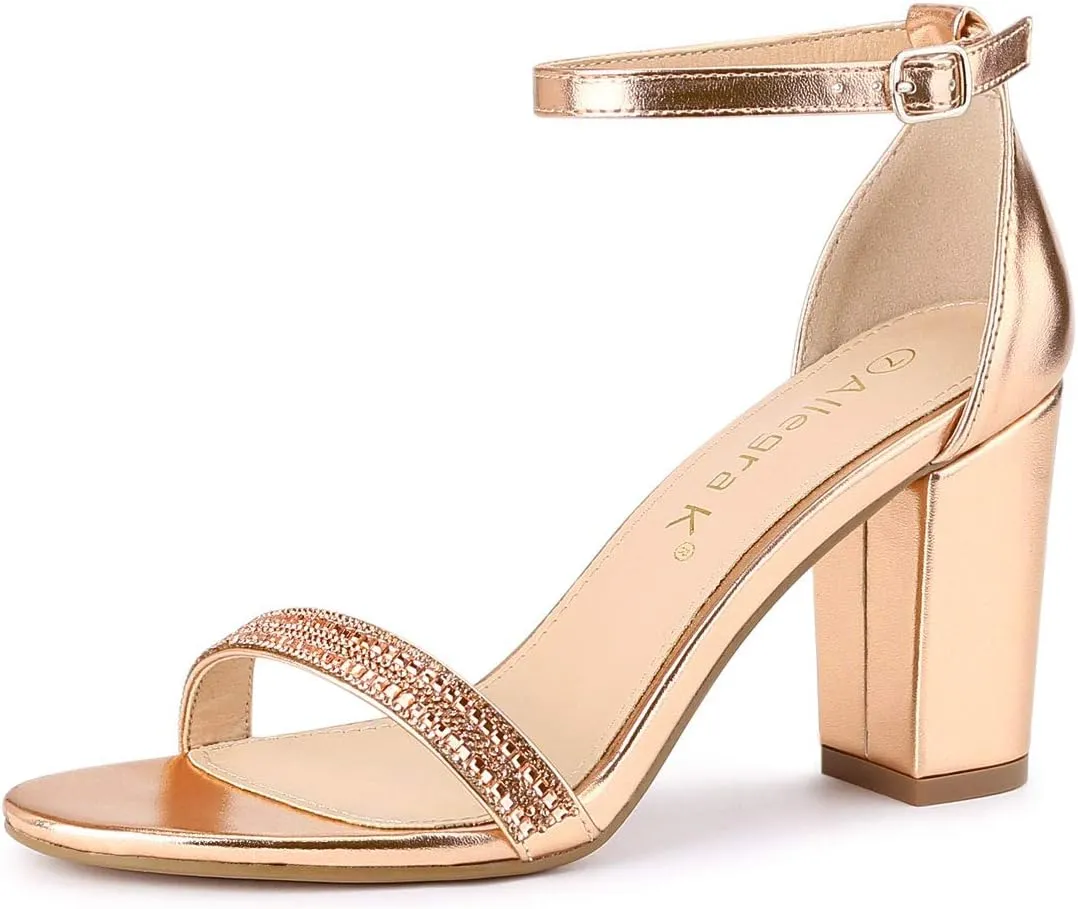 Allegra K Women's Rhinestone Ankle Strap Chunky Heels Sandals