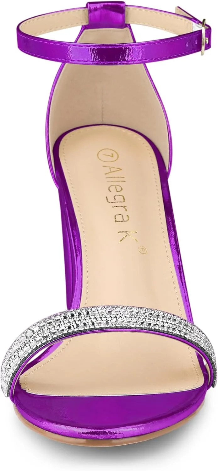 Allegra K Women's Rhinestone Ankle Strap Chunky Heels Sandals