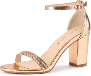 Allegra K Women's Rhinestone Ankle Strap Chunky Heels Sandals
