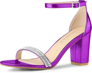 Allegra K Women's Rhinestone Ankle Strap Chunky Heels Sandals