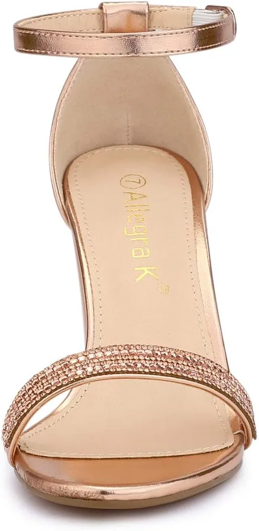 Allegra K Women's Rhinestone Ankle Strap Chunky Heels Sandals