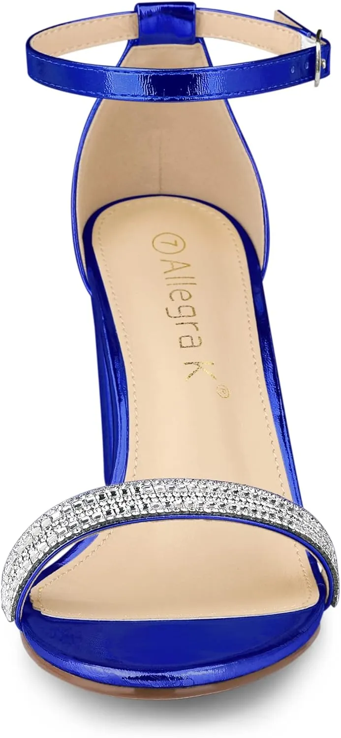 Allegra K Women's Rhinestone Ankle Strap Chunky Heels Sandals