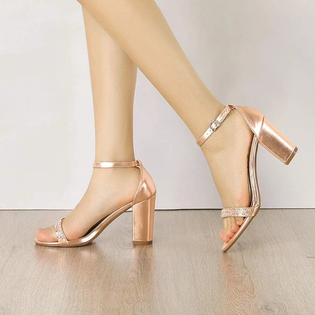 Allegra K Women's Rhinestone Ankle Strap Chunky Heels Sandals