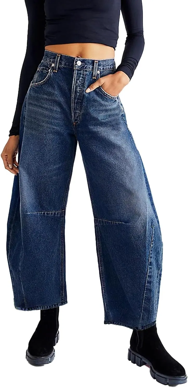 Allimy Womens High Waisted Barrel Horseshoe Baggy Jeans Trendy 2025 with Raw Hem Non Stretch