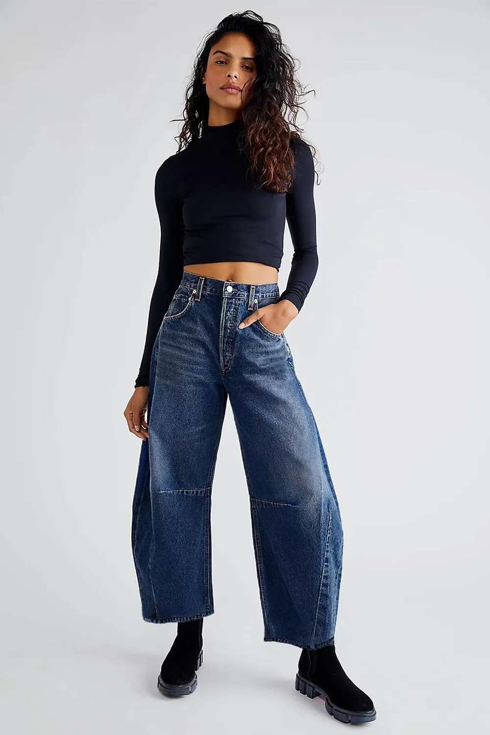 Allimy Womens High Waisted Barrel Horseshoe Baggy Jeans Trendy 2025 with Raw Hem Non Stretch