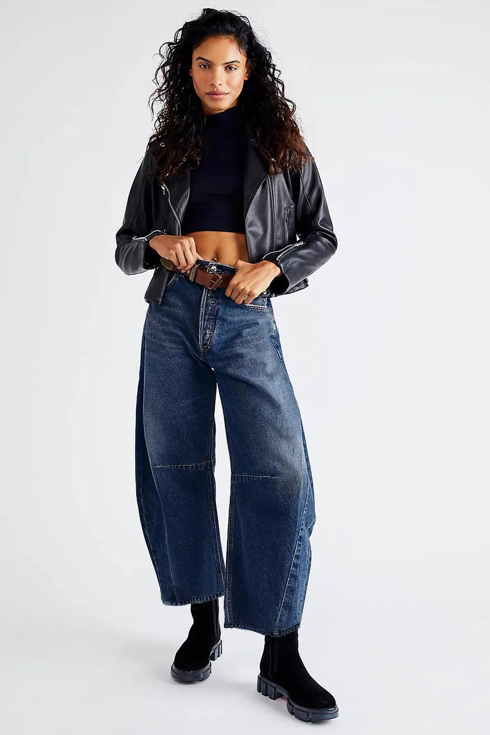 Allimy Womens High Waisted Barrel Horseshoe Baggy Jeans Trendy 2025 with Raw Hem Non Stretch