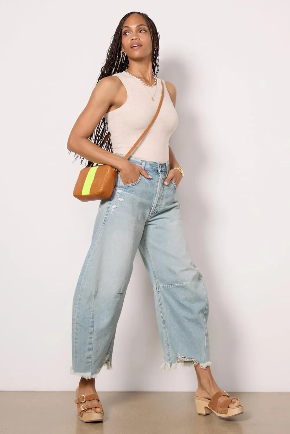 Allimy Womens Jeans Mid High Waisted Wide Leg Cut Horseshoe Baggy Raw Hem Jeans for Women Trendy 2025 Denim Pants