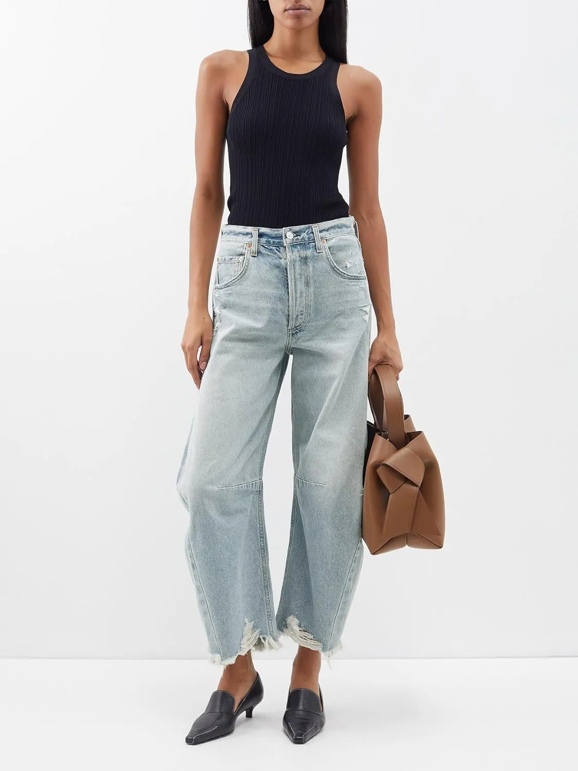 Allimy Womens Jeans Mid High Waisted Wide Leg Cut Horseshoe Baggy Raw Hem Jeans for Women Trendy 2025 Denim Pants