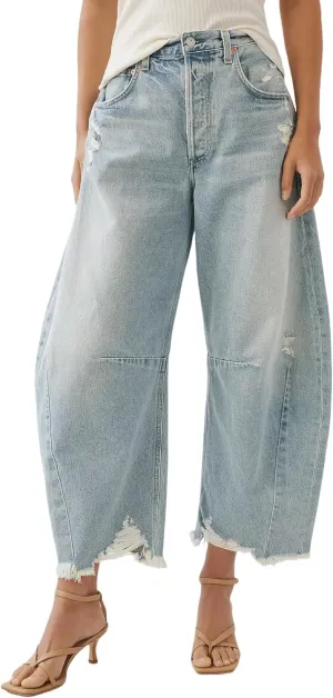 Allimy Womens Jeans Mid High Waisted Wide Leg Cut Horseshoe Baggy Raw Hem Jeans for Women Trendy 2025 Denim Pants