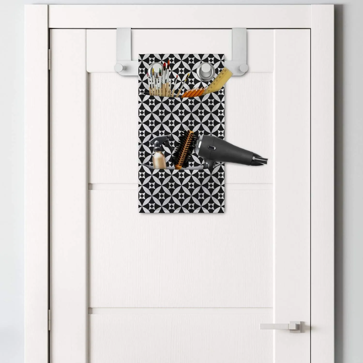 Ambesonne Abstract Hanging Pocket Organizer, Checkerboard Texture Inspired Modern Monochrome Print with Circular Modules, Printed Polyester Storage Bag with Pockets, 9" x 16", Black and White