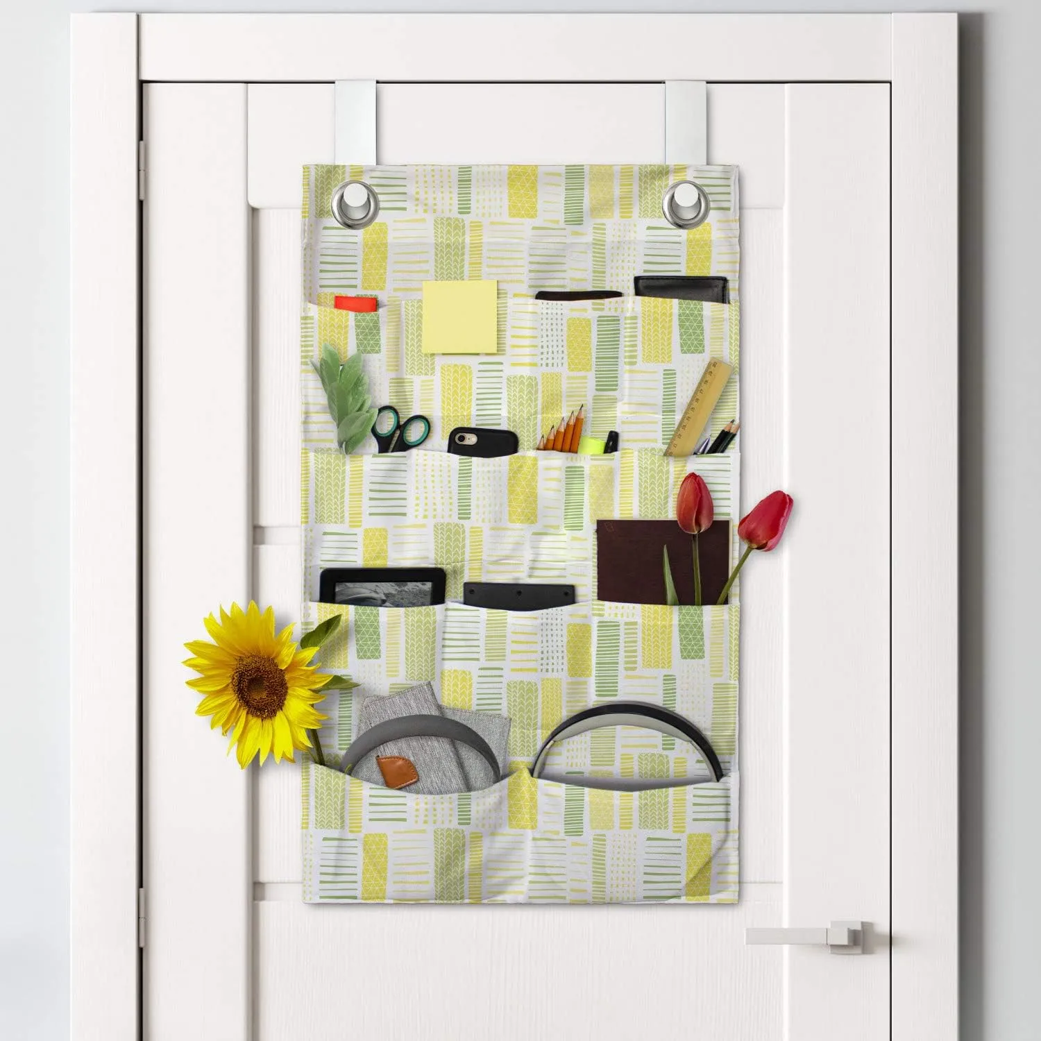 Ambesonne Abstract Hanging Pocket Organizer, Illustration of Rhythmic and Geometric Pastel Tones Demonstration, Printed Polyester Storage Bag with Pockets, 21" x 31", White Yellow and Lime Green