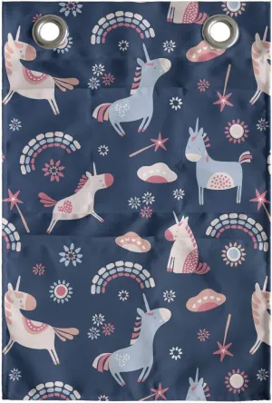 Ambesonne Animal Hanging Pocket Organizer, Unicorn Party and Rainbows Interpretation, Printed Polyester Storage Bag with Pockets, 14" x 20", Night Blue Multicolor