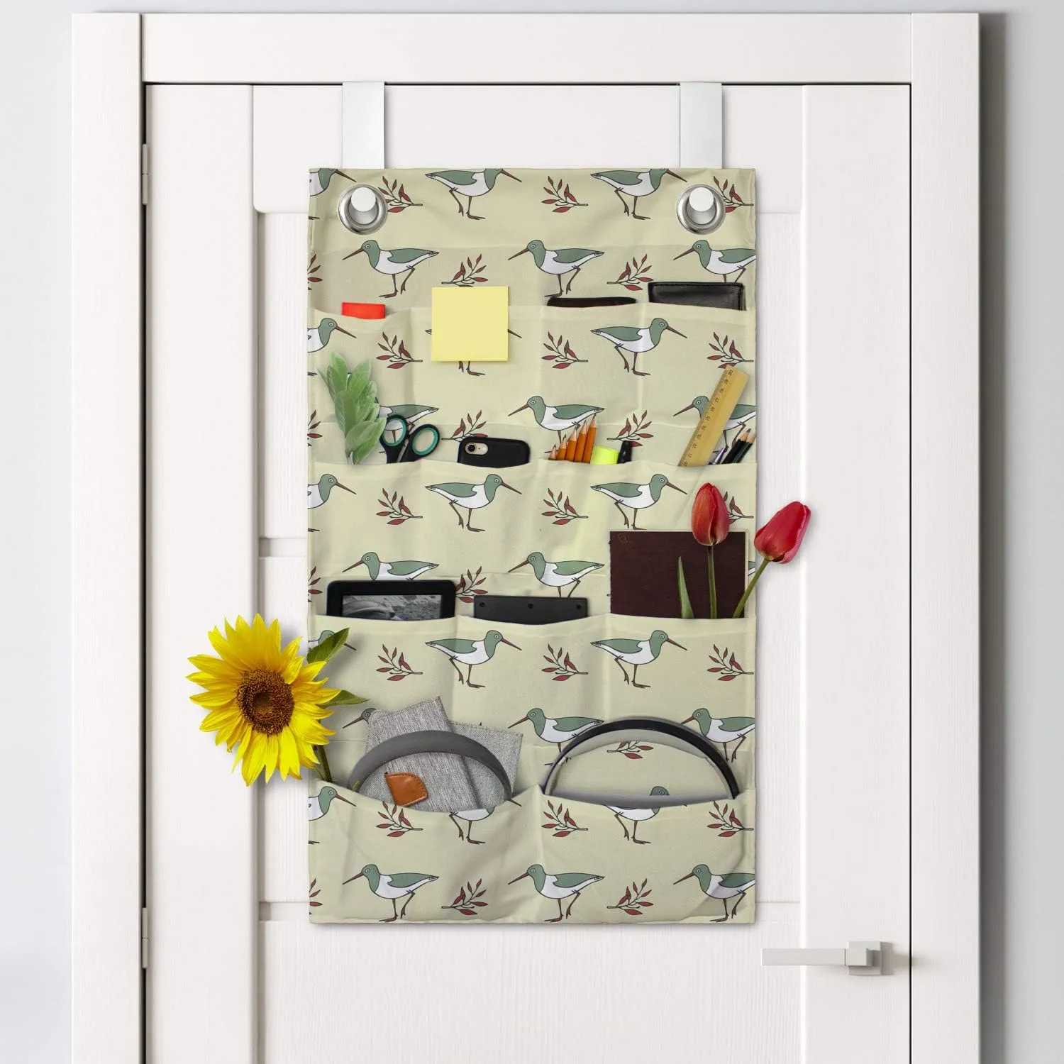 Ambesonne Bird Hanging Pocket Organizer, Pastel Shorebird Flying Animals with Branches Leaves Childish Design Repetition, Printed Polyester Storage Bag with Pockets, 21" x 31", Pale Green Red