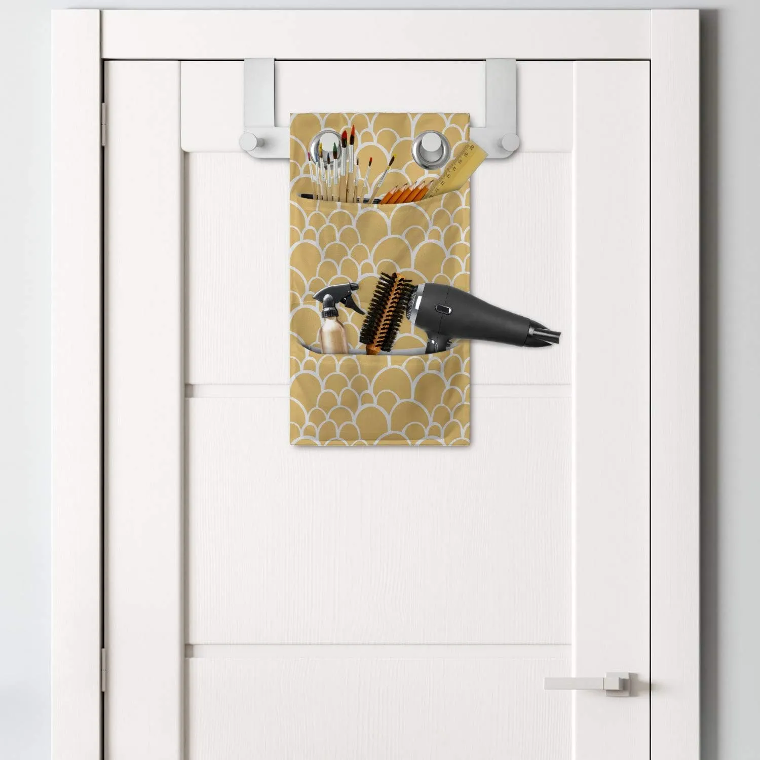 Ambesonne Fish Scale Hanging Pocket Organizer, Reptile Lizard Skin Pattern with Loops Exotic Animal Print Modern Design, Printed Polyester Storage Bag with Pockets, 9" x 16", Mustard and White