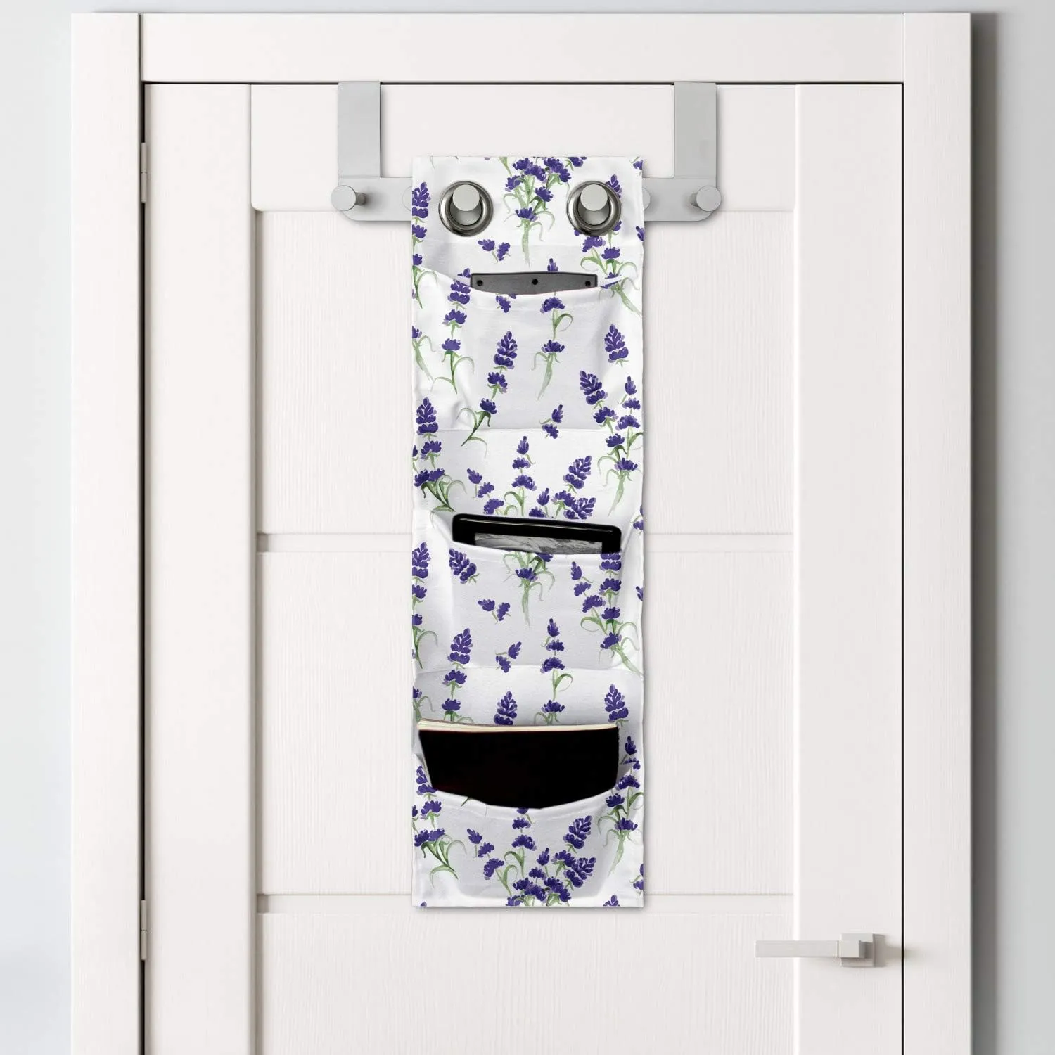 Ambesonne Flower Hanging Pocket Organizer, Watercolor Lavender Flowering Fragrant Pale Plant Essential Oil Extract Temperate, Printed Polyester Storage Bag with Pockets, 9" x 27", Violet Green
