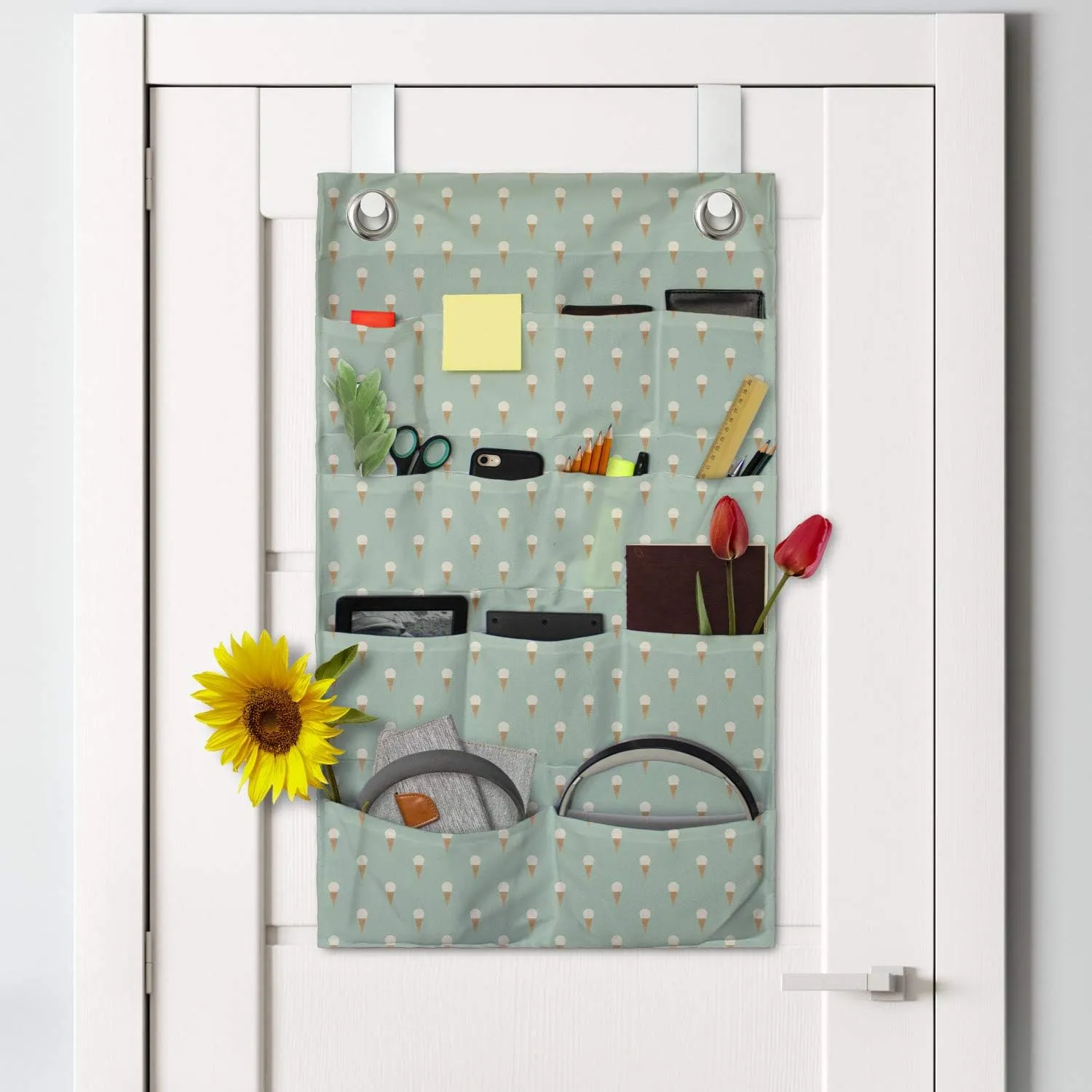 Ambesonne Ice Cream Hanging Pocket Organizer, Gelato in Cones Tasty Refreshing Treats Pop Art Style Simplistic Print, Printed Polyester Storage Bag with Pockets, 21" x 31", Almond Green Eggshell