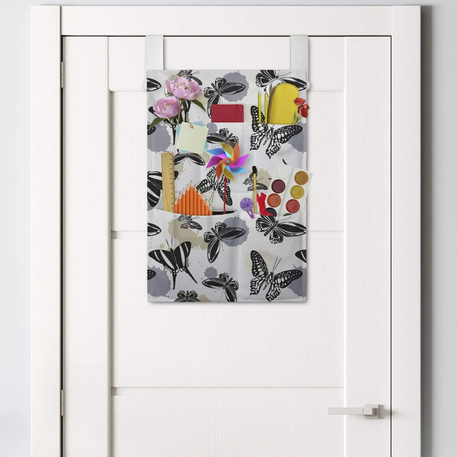 Ambesonne Insects Hanging Pocket Organizer, Demonstration of Repetitive Various Butterflies on a Plain Background, Printed Polyester Storage Bag with Pockets, 14" x 20", White and Multicolor