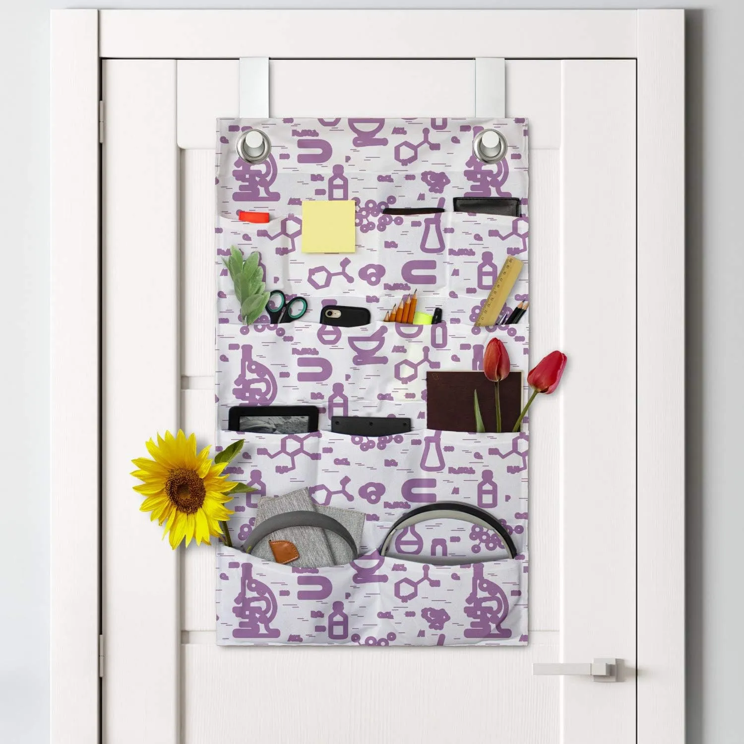 Ambesonne Lab Hanging Pocket Organizer, Scientific Research Elements Microscope Tubes and Signs and, Printed Polyester Storage Bag with Pockets, 21" x 31", Fuchsia and White