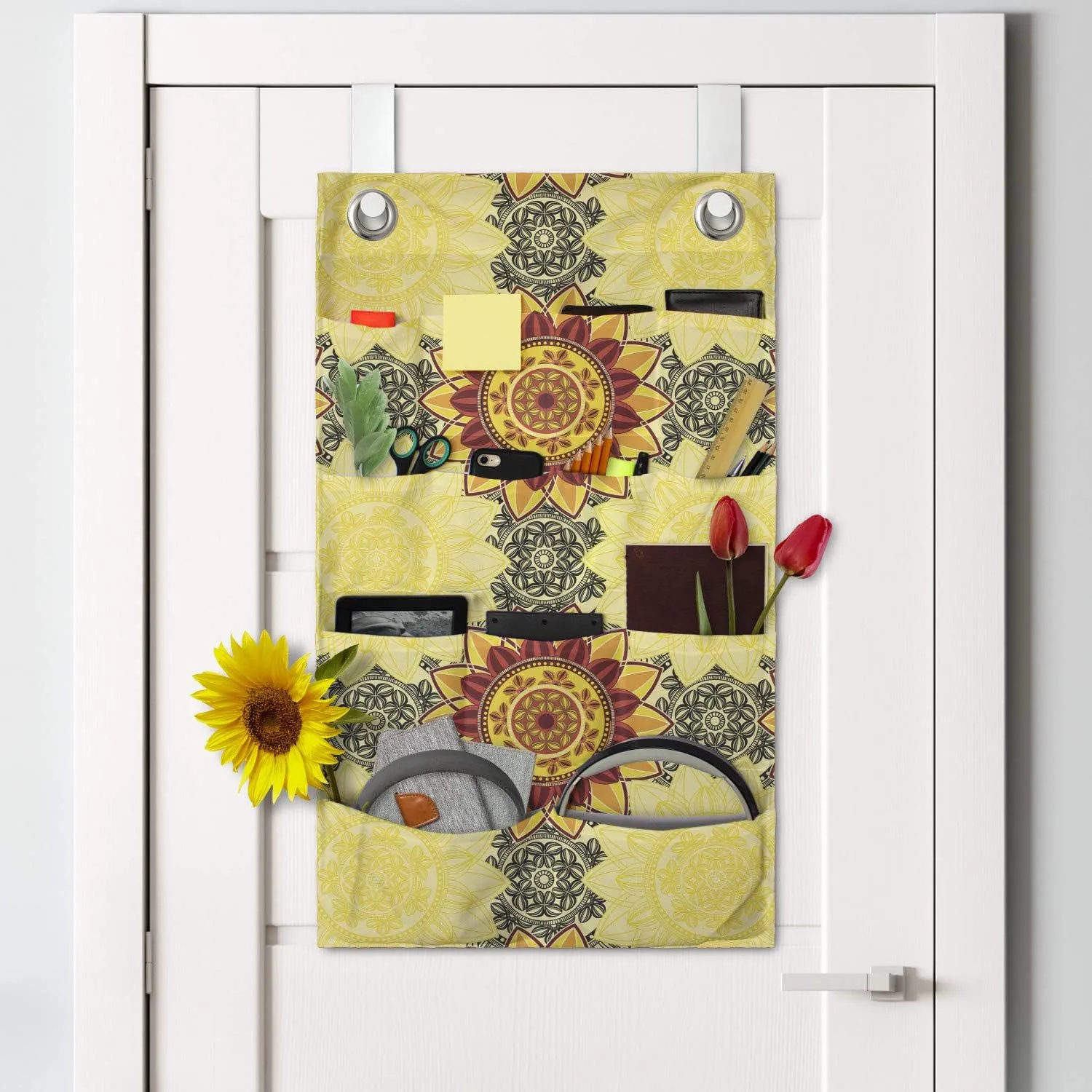 Ambesonne Mandala Hanging Pocket Organizer, Vibrant Yellow Mandala with Floral Framework Petals Boho, Printed Polyester Storage Bag with Pockets, 21" x 31", Yellow Black Ruby