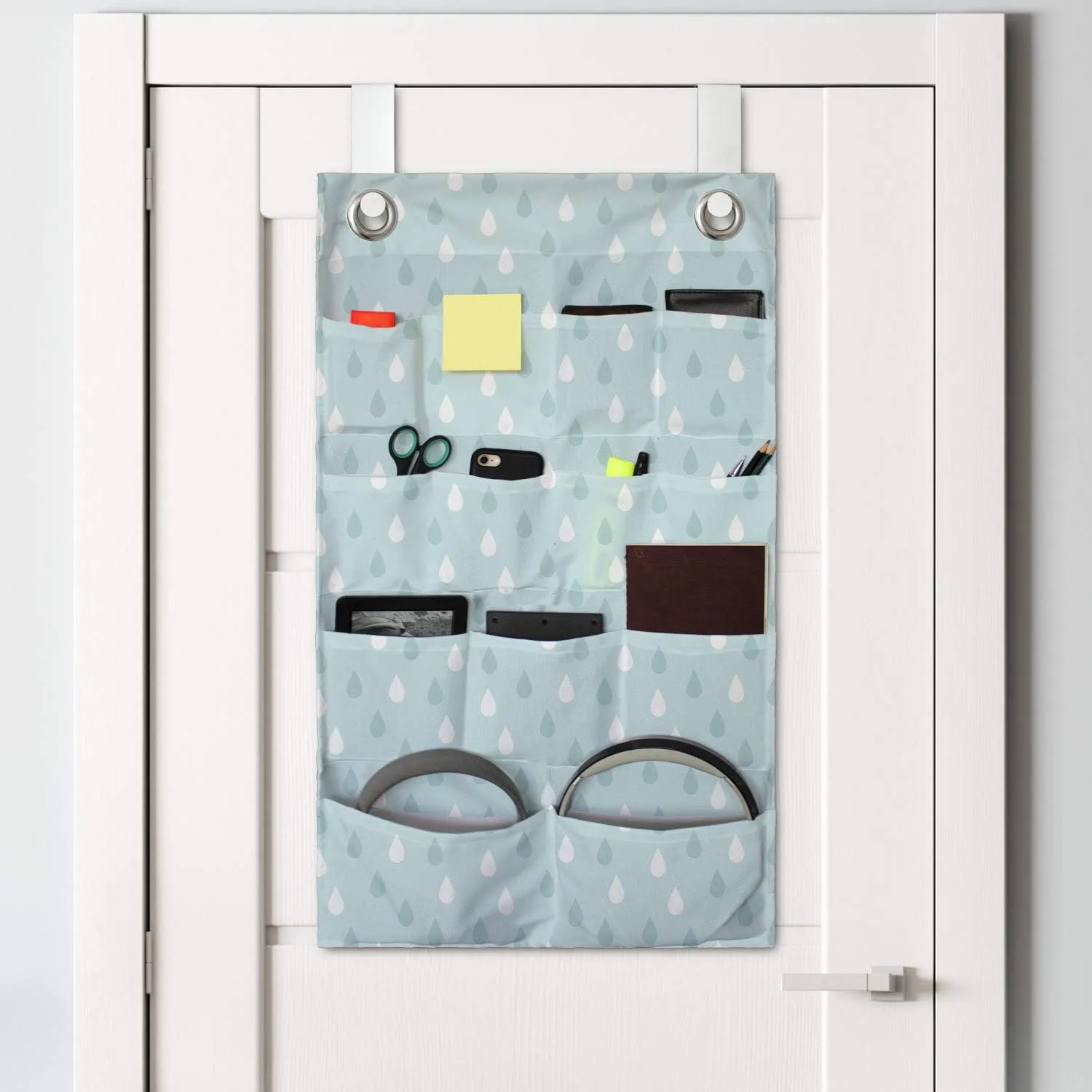 Ambesonne Pale Blue Hanging Pocket Organizer, Separate Droplets Motif Colorful Design Precipitation Drizzle Sky Image Print, Printed Polyester Storage Bag with Pockets, 21" x 31", White and Blue